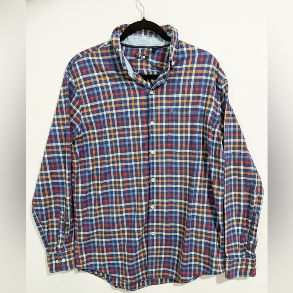 IZOD Men’s Plaid Button Down Shirt - Large - Blue/Orange/Red Multi-Color